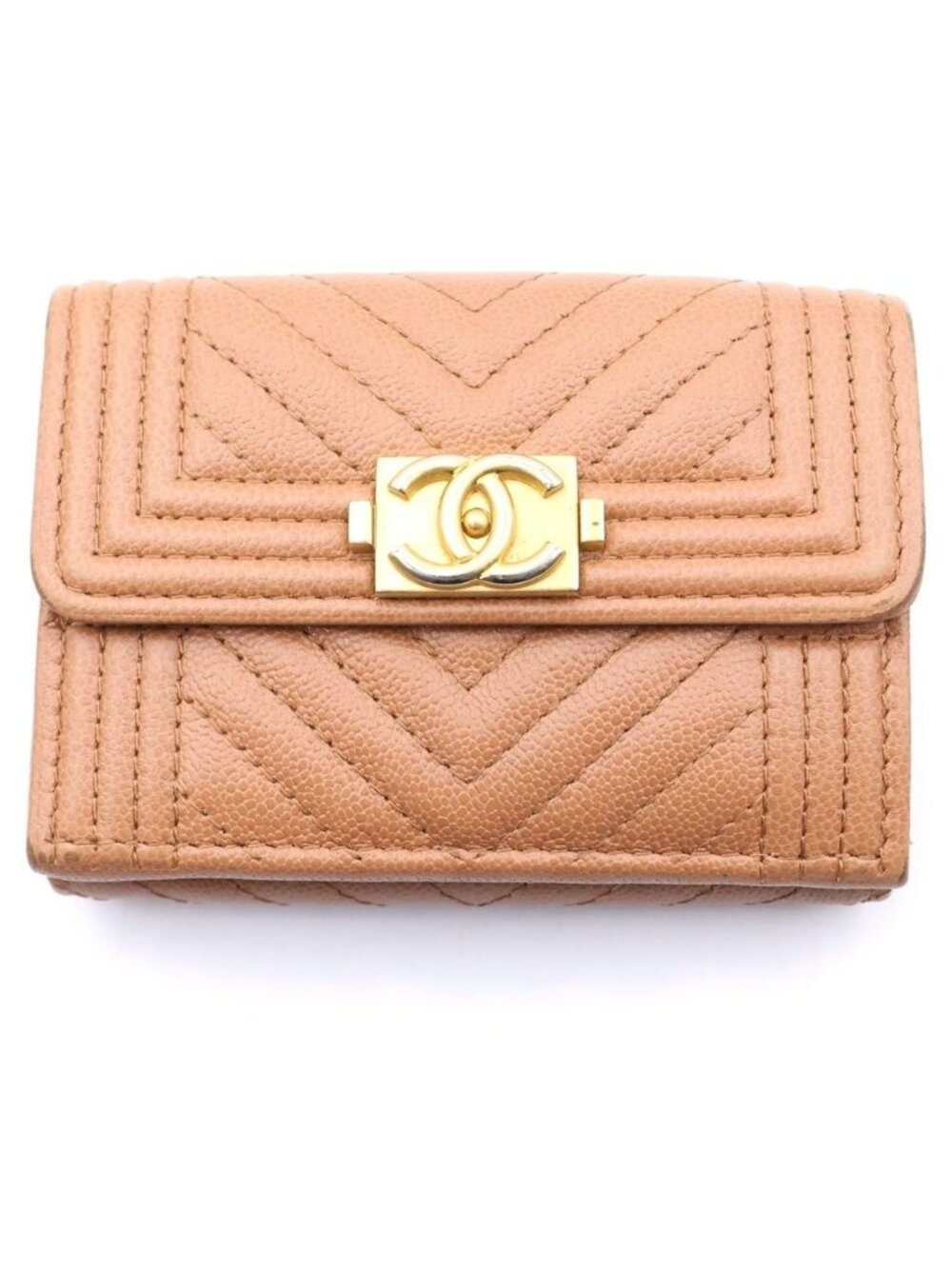 Chanel Boy Trifold Wallet Compact Coin Purse Caviar Leather Gold Pink Brown Seal